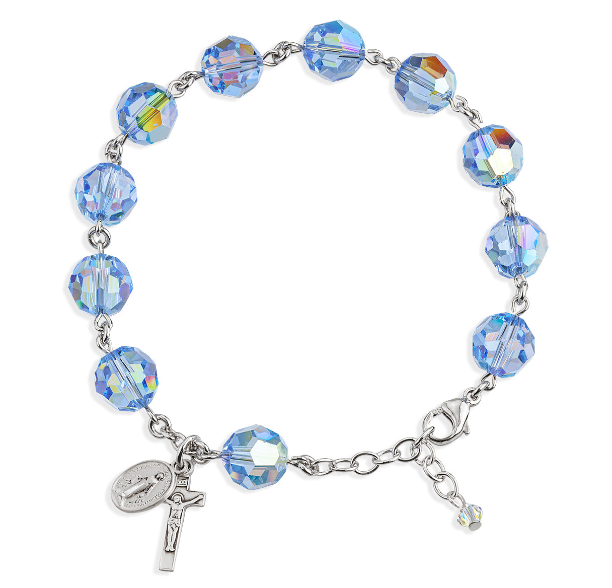10mm Round Faceted Light Sapphire Finest Crystal Beads Rosary Bracelet with Sterling Silver Miraculous Medal and Crucifix