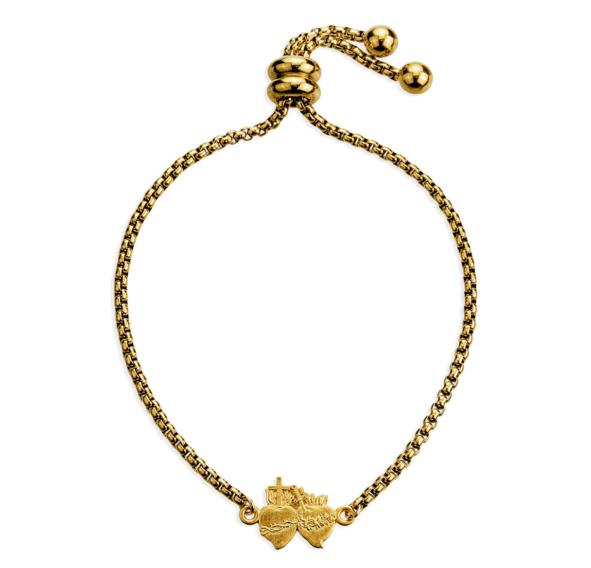 Gold Over Sterling Silver Sacred Hearts Bracelet W/ Gold Plated Bolo Adjustable Pull Chain-Bxd