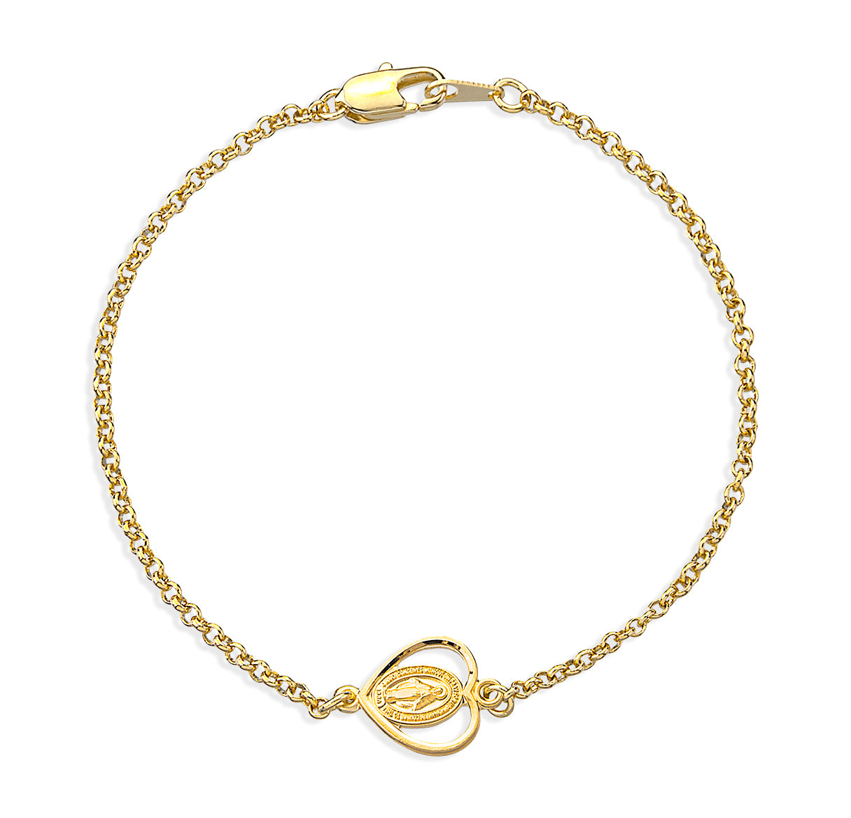 Gold Over Sterling Silver Miraculous Pierced Heart Medal W/ Plated Rolo Chain Bracelet 7-1/2"-Bxd
