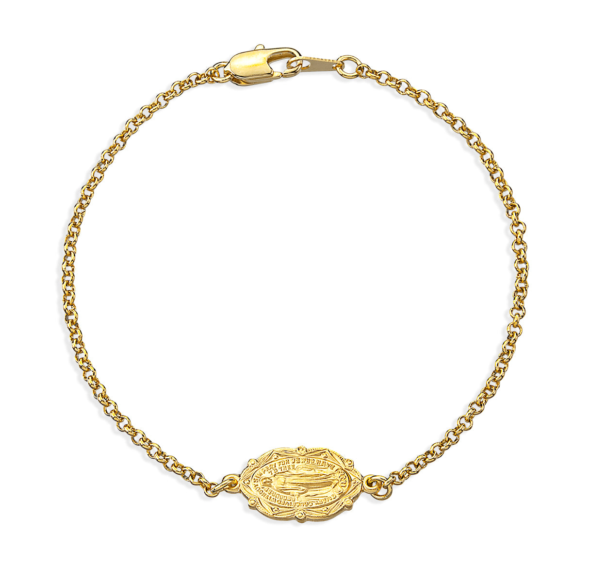 Gold Over Sterling Silver Miraculous Medal W/ Plated Rolo Chain Bracelet- 7-1/2"-Bxd