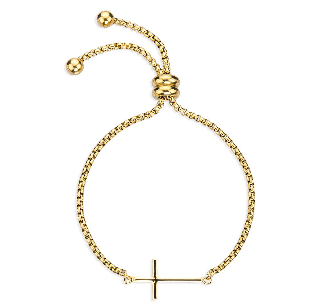 Gold Over Sterling Silver Cross with Top & Bottom Connect W/Gold Plated Stainless Steel Bolo Adjustable Pull Chain Bracelet