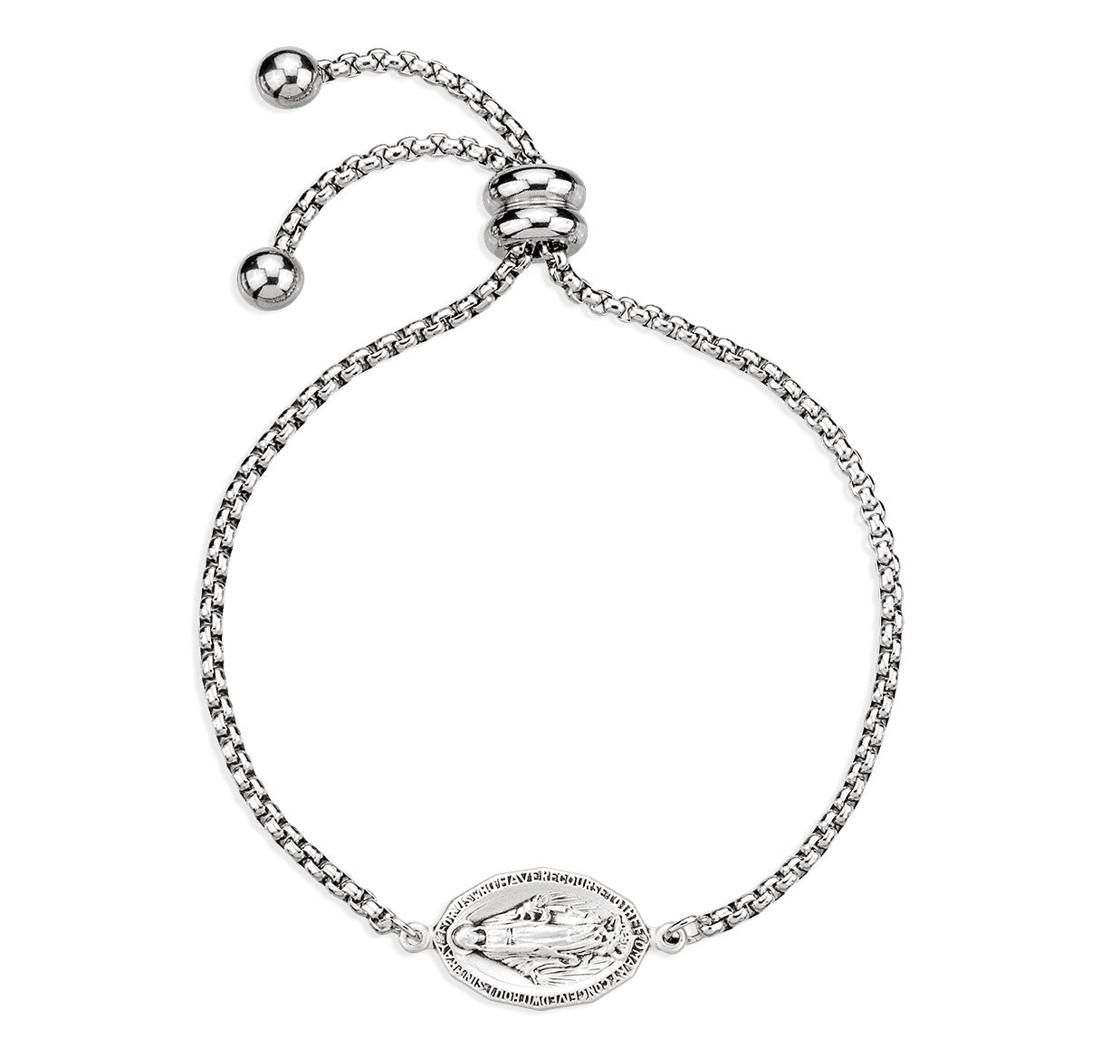 Sterling Oval Silver Miraculous Medal W/Stainless Steel Bolo Adjustable Pull Chain Bracelet-Bxd