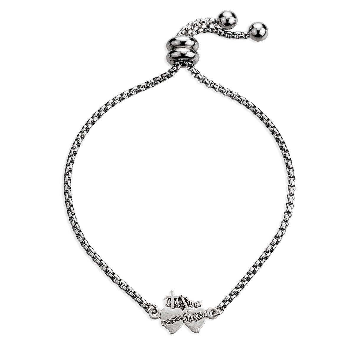 Sterling Silver Sacred Hearts Bracelet W/Stainless Steel Bolo Adjustable Pull Chain Bracelet-Bxd