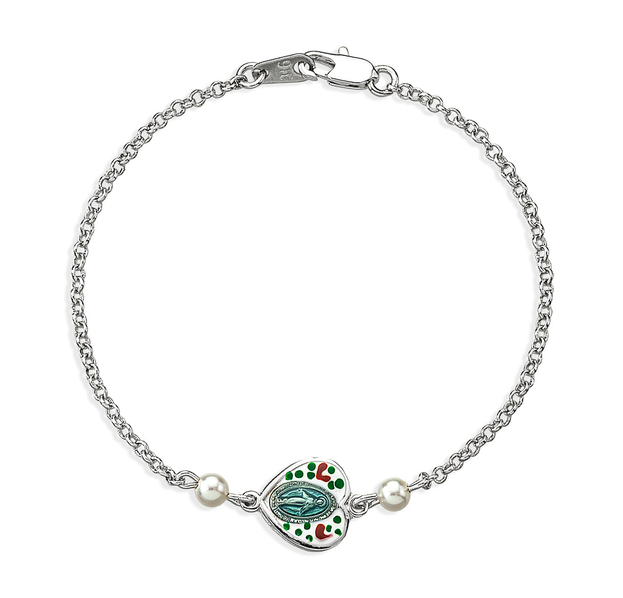 Sterling Silver Heart Miraculous Medal with Painted Flowers and Glass Pearls Bracelet on Platinum Plated Rolo Chain Bracelet 7 1/2"