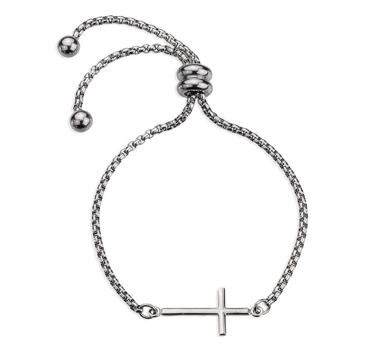 Sterling Silver Cross with Top & Bottom Connect W/Stainless Steel Bolo Adjustable Pull Chain Bracelet