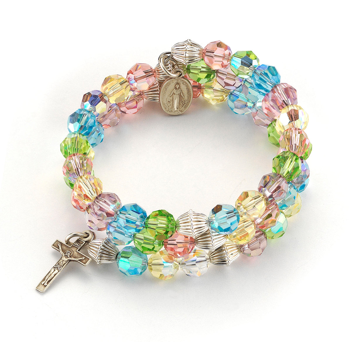 Crystals by Swarovski® Multi-Color Pastel Rosary Wrap Bracelet with Sterling Silver Miraculous Medal and Crucifix-Bxd