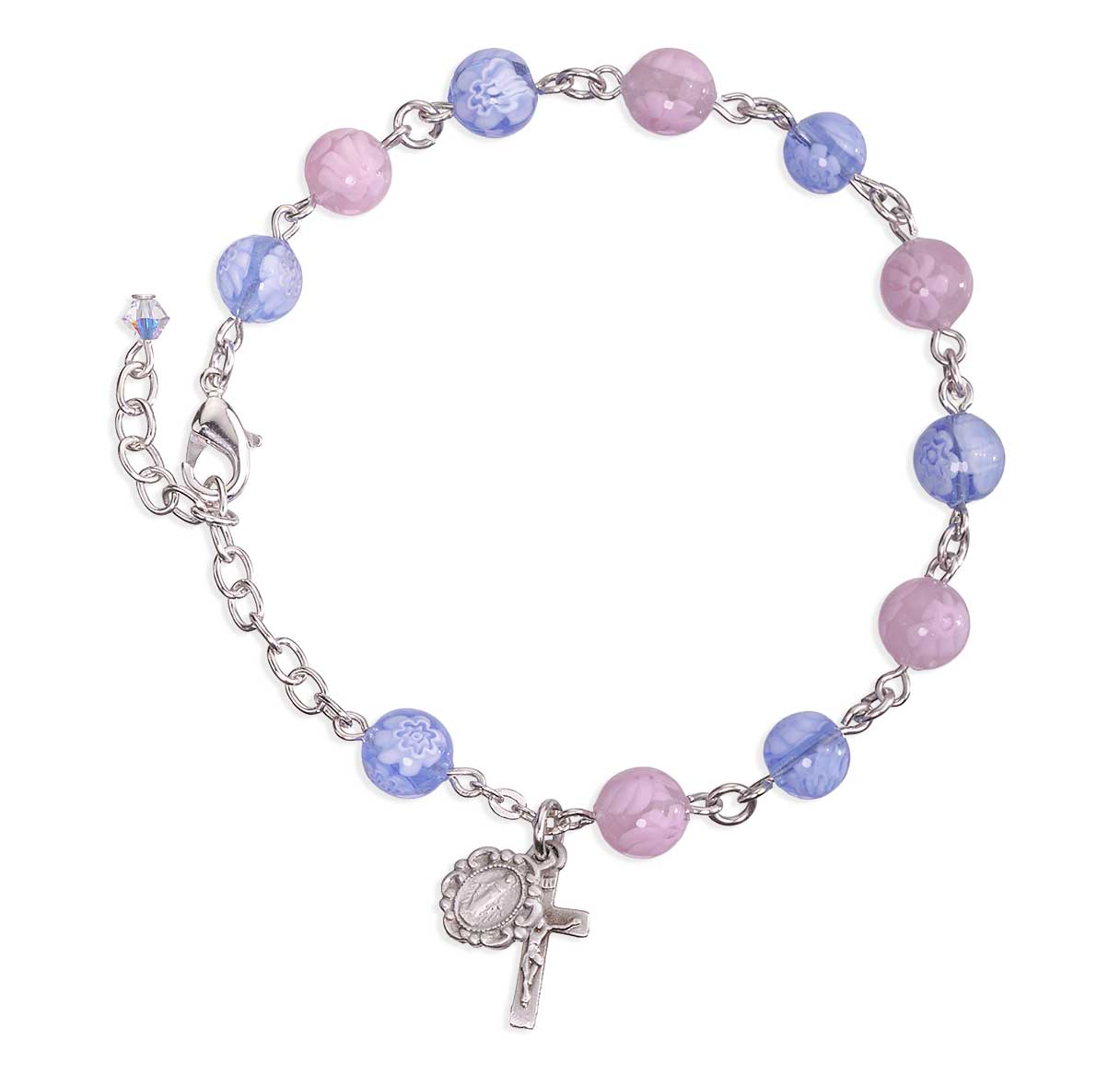 8mm Venetian Glass Blue & Pink W/ White Flower Rosary Bracelet w/ Oxidized Medals-Bxd