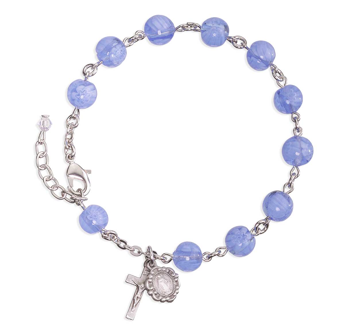 8mm Venetian Glass Blue & White Flower Rosary Bracelet w/Oxidized Medals-Bxd