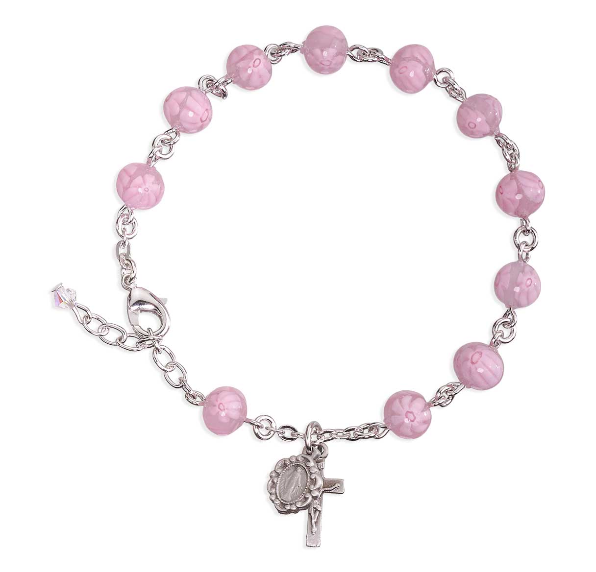 8mm Venetian Glass Pink & White Flower Rosary Bracelet w/ Oxidized Medals-Bxd