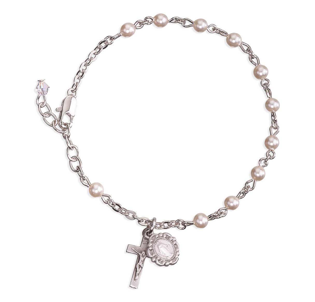 4mm Crystals by Swarovski® Crystal Beige Imitation Pearl Rosary Bracelet w/Pewter Crucifix & Miraculous-Bxd