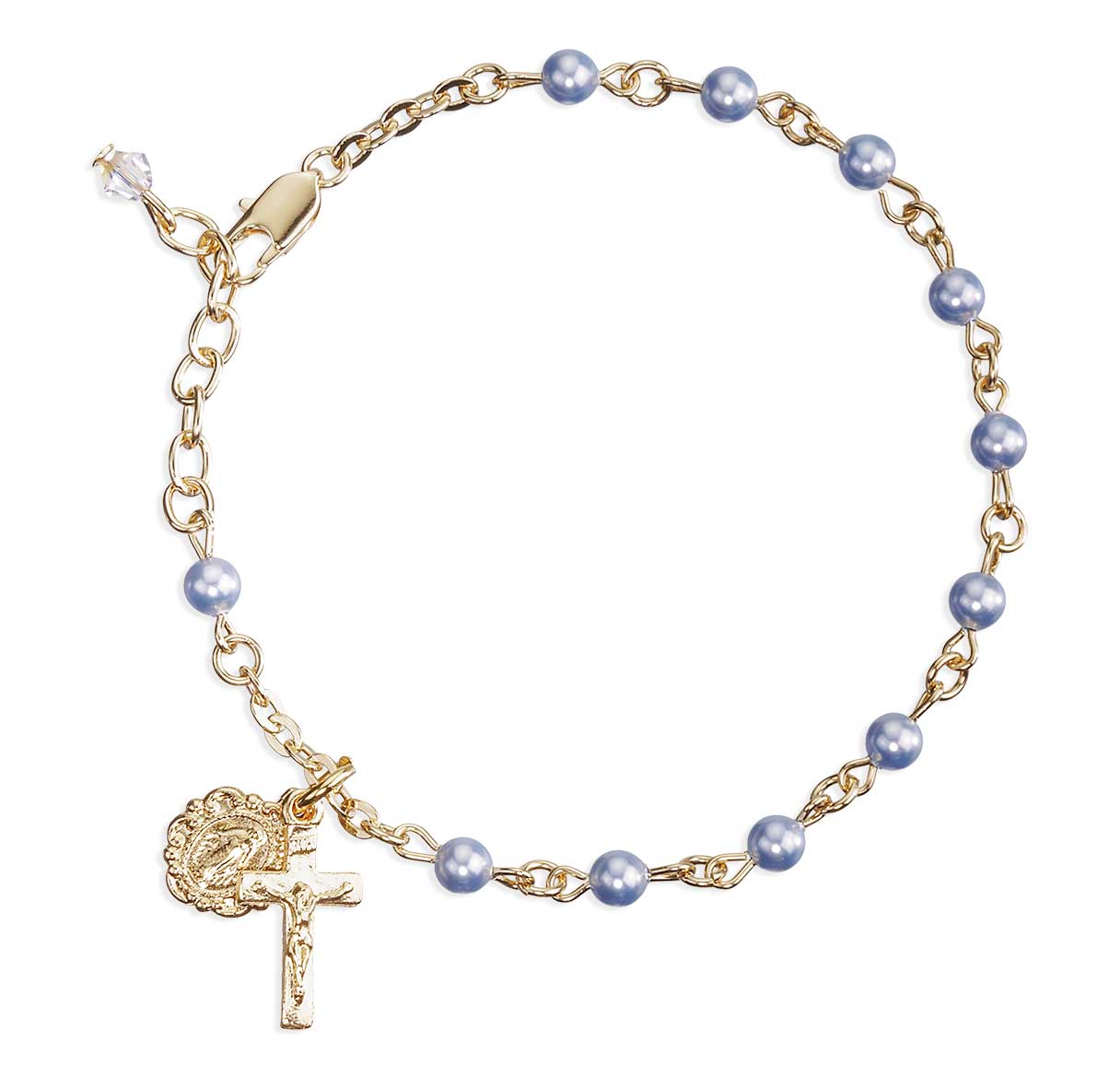4mm Crystals by Swarovski® Blue Imitation Pearl Gold Plated Rosary Bracelet W/Pewter Crucifix & Miraculous-Bxd