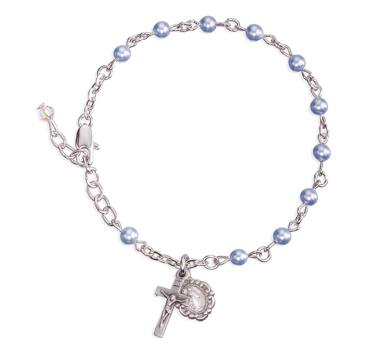 4mm Crystals by Swarovski® Crystal Blue Imitation Pearl Rosary Bracelet w/Pewter Crucifix & Miraculous-Bxd