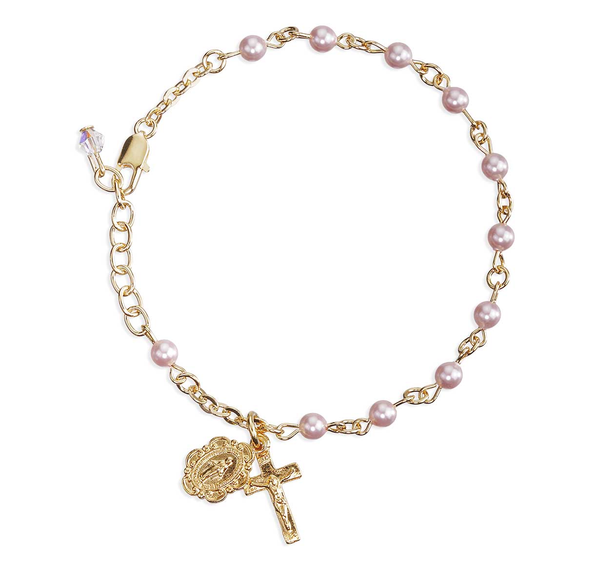 4mm Crystals by Swarovski® Pink Imitation Pearl Gold Plated Rosary Bracelet W/Pewter Crucifix & Miraculous-Bxd