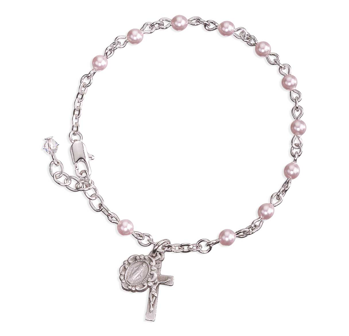 4mm Crystals by Swarovski® Crystal Pink Imitation Pearl Rosary Bracelet w/Pewter Crucifix & Miraculous-Bxd