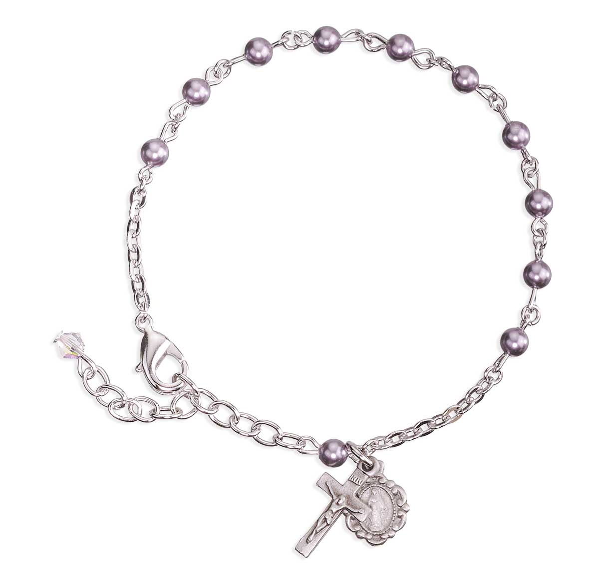 4mm Crystals by Swarovski® Crystal Lavender Imitation Pearl Rosary Bracelet w/Pewter Crucifix & Miraculous-Bxd