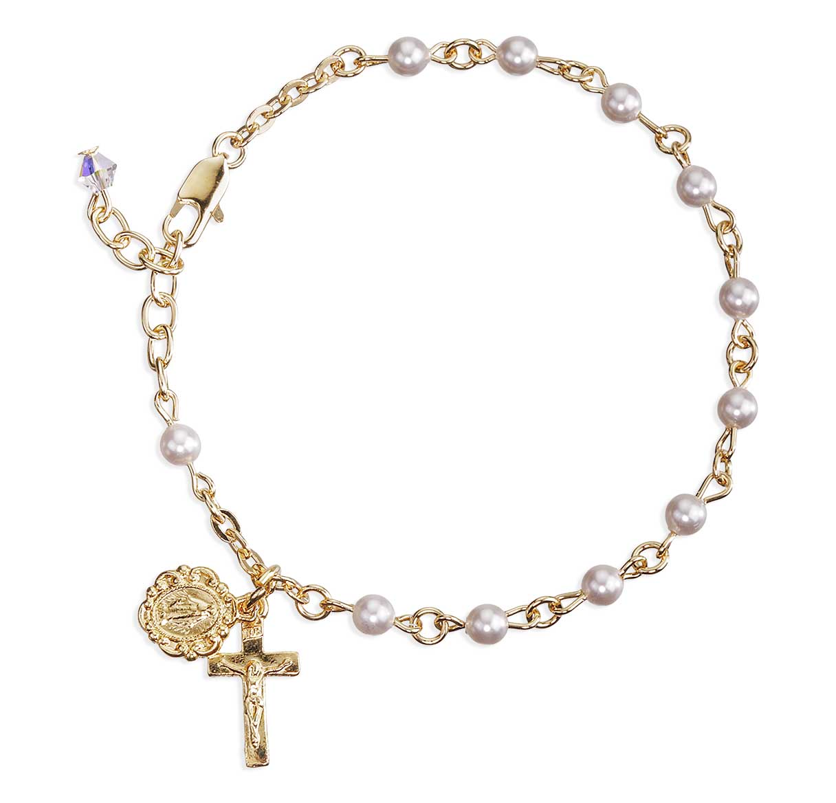 4mm Crystals by Swarovski® Crystal White Imitation Pearl Gold Plated Rosary Bracelet W/Pewter Crucifix & Miraculous-Bxd