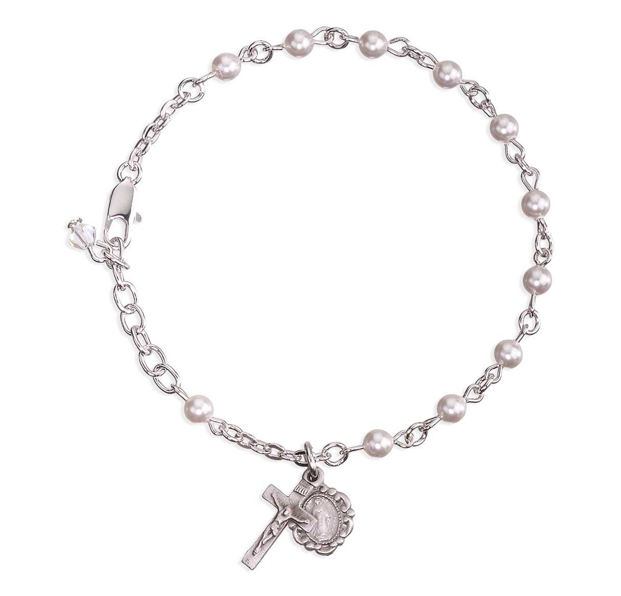 4mm Crystals by Swarovski® Crystal White Imitation Pearl Rosary Bracelet w/Pewter Crucifix & Miraculous-Bxd