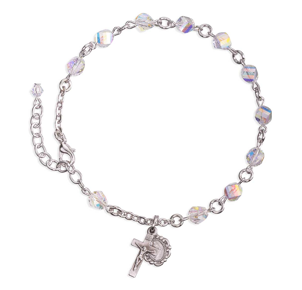 6mm Finest Helix Crystal Rhodium Rosary Bracelet W/Silver Ox Medals-Bxd