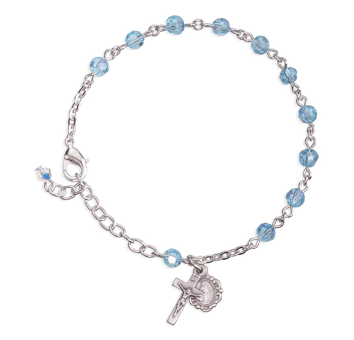 5mm Aqua Faceted Crystal Rosary Bracelet with Oxidized Miraculous Medal and Crucifix-Bxd