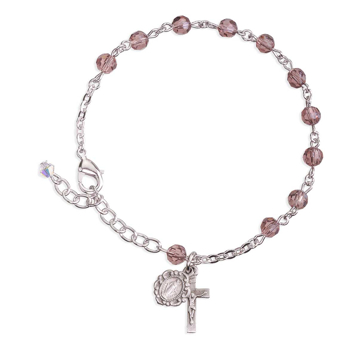 5mm Light Amethyst Crystal Bead Rosary Bracelet, with Oxidized Miraculous Medal and Crucifix-Bxd