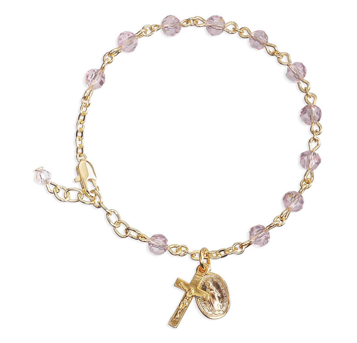 5mm Light Rose Faceted Crystal Bead Gold Plated Rosary Bracelet W/Gold  Mirac & Cfx-Bxd