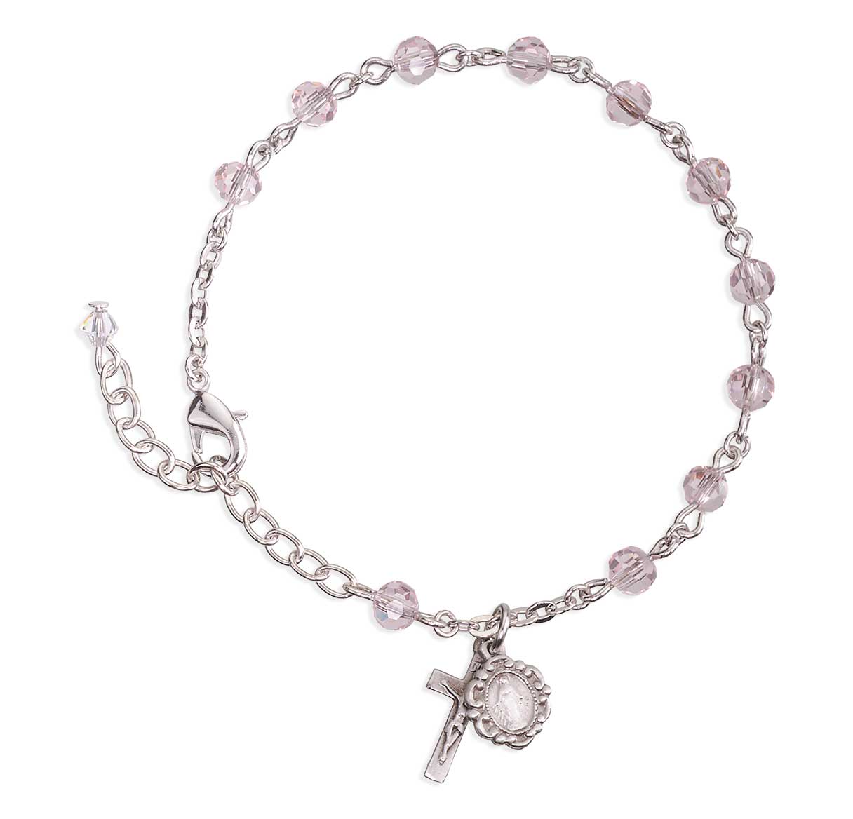 5mm Light Rose Faceted Crystal Beads Rosary Bracelet w/Oxidized Miraculous Medal and Crucifix