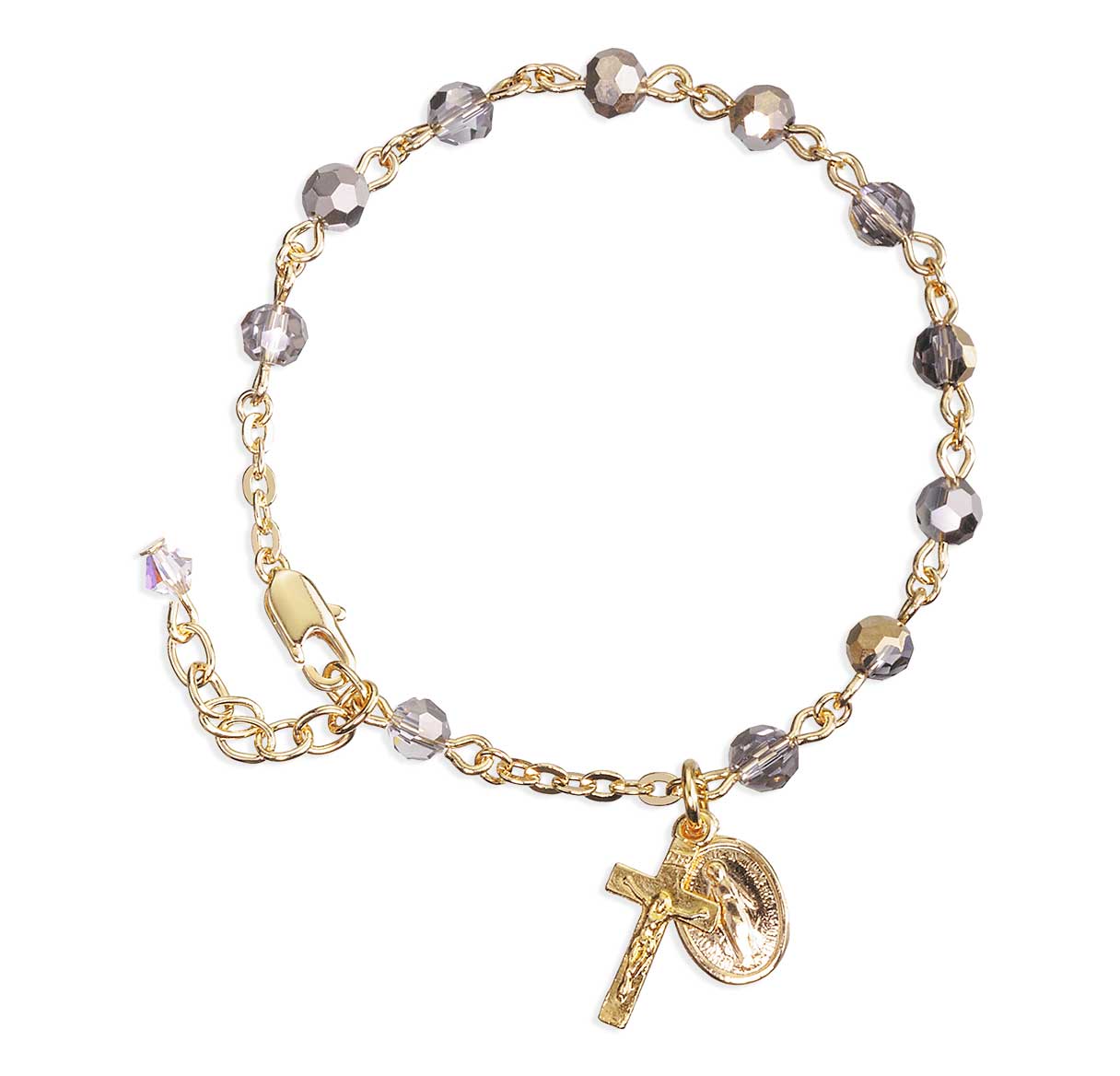 5mm Metalic Silver Faceted Crystal Bead Gold Plated Rosary Bracelet W/Gold  Mirac & Cfx-Bxd