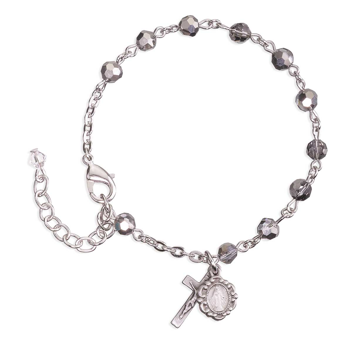 5mm Metallic Silver Faceted Crystal Bead Rosary Bracelet, with Oxidized Miraculous Medal and Crucifix-Bxd