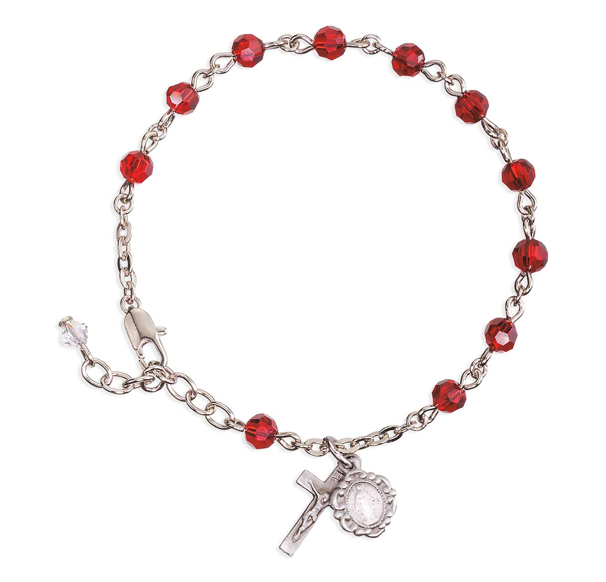 5mm Ruby Faceted Crystal Beads Rosary Bracelet w/ Oxidized Miraculous Medal and Crucifix Boxed