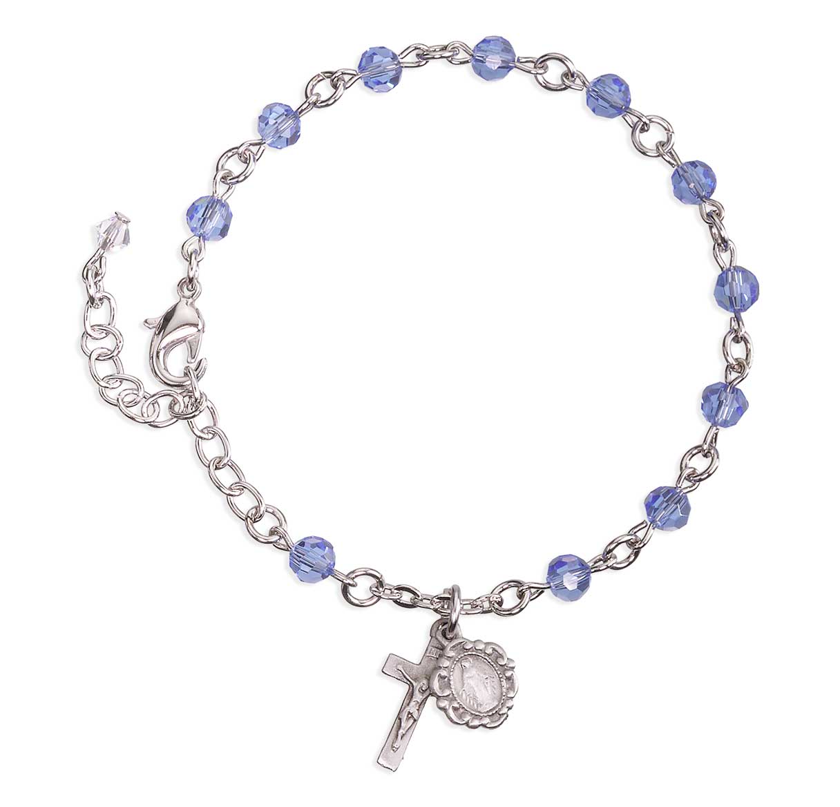 5mm Sapphire Faceted Crystal Beads Rosary Bracelet w/Oxidized Mirac Medal and Crucifix Boxed