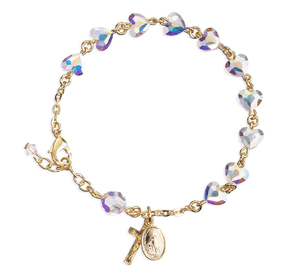 8mm Finest Aurora Crystal Heart Shaped Bracelet, Gold Plated Brass W/ Plated Mirac & Cfx Medals-Bxd