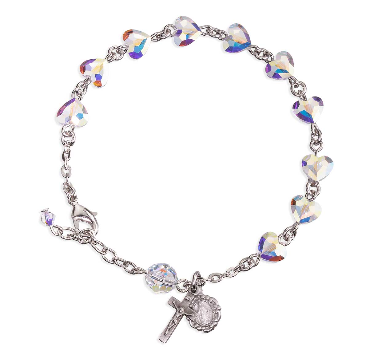 8mm Crystals by Swarovski® Crystal Heart Shaped Bracelet, with Rhodium Plated Brass Findings, a Zinc Cross and Pewter Miraculous Heart(P1124)-Bxd