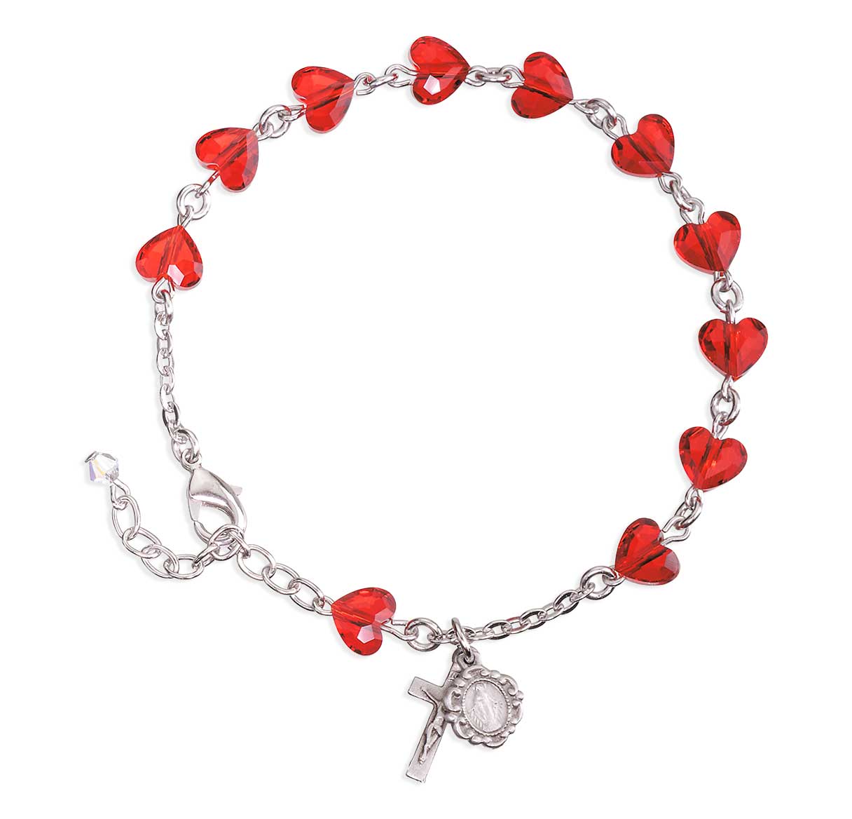 8mm Finest Red Crystal Heart Shaped Bracelet, with Rhodium Plated Brass Findings, a Zinc Cross and Pewter Miraculous Heart(P1124)-Bxd