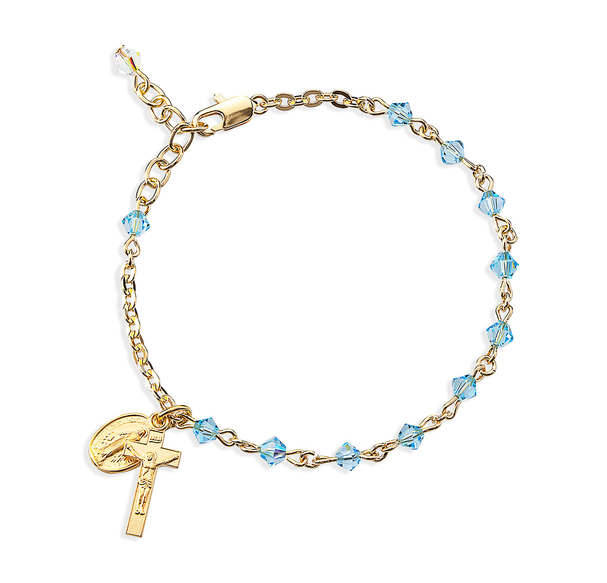 4mm Finest Bicone Aqua Gold Plated Rosary Bacelet W/ Gold Plated Mirac & Cfx Medals-Bxd