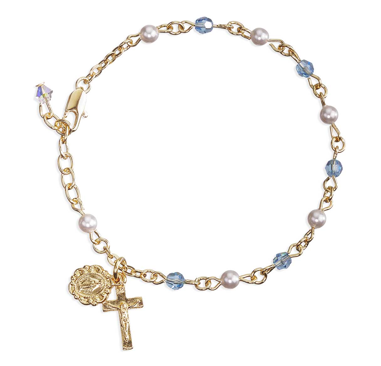 4mm Crystals by Swarovski® Aqua Crystals & White Pearl Gold Plated Rosary Bracelet W/ Gold Over Pewter Cfx & Mirac-Bxd