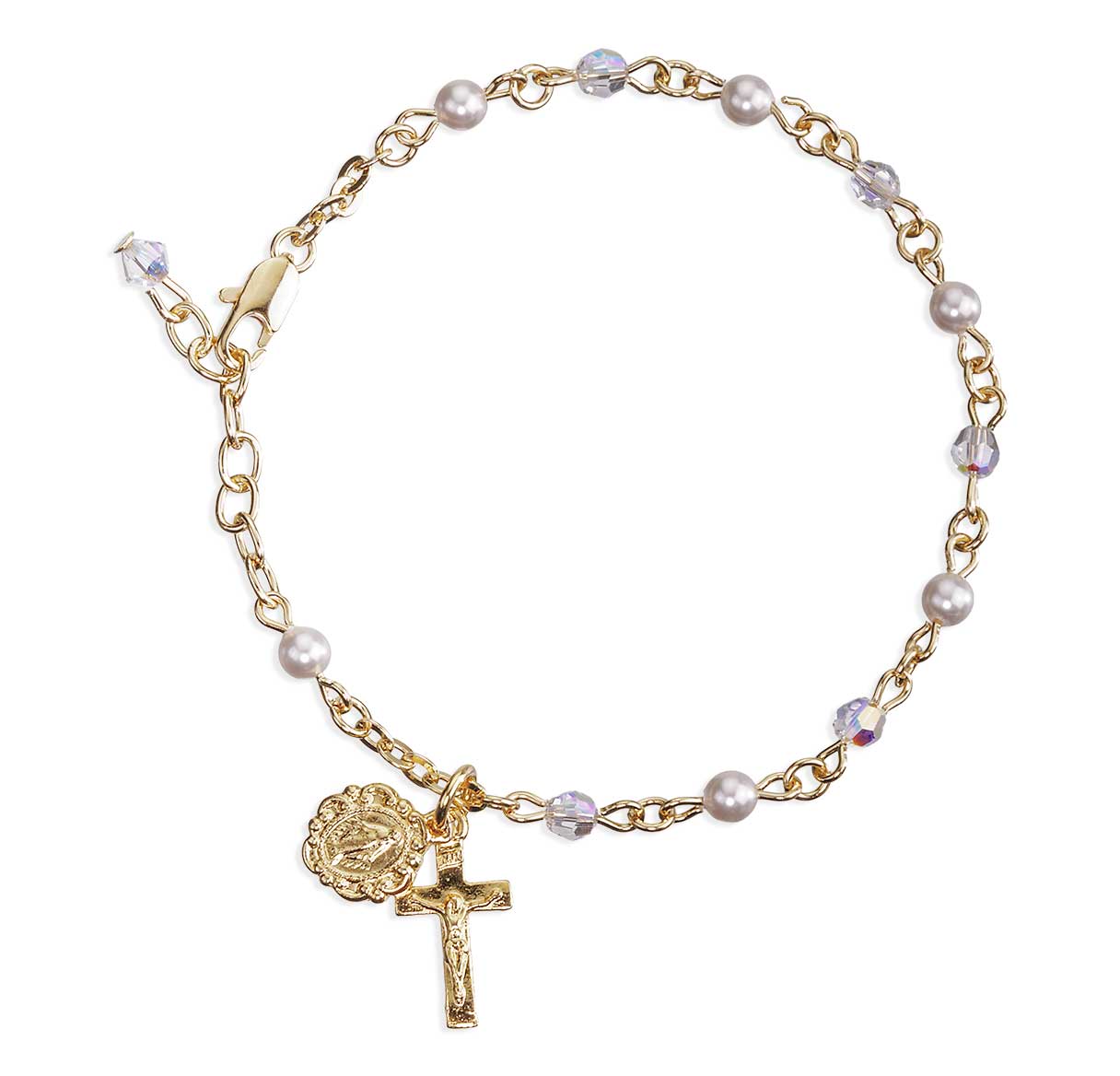 4mm Crystals by Swarovski® Crystal (AB) & White Pearl Gold Plated Rosary Bracelet W/ Gold Over Pewter Cfx & Mirac-Bxd