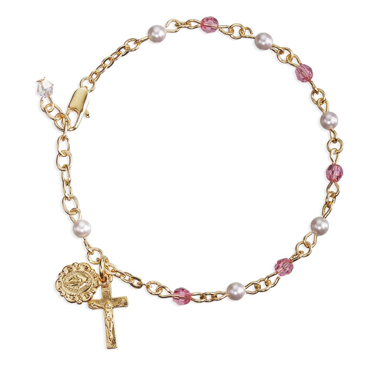 4mm Crystals by Swarovski® Pink Crystals & White Pearl Gold Plated Rosary Bracelet W/ Gold Over Pewter Cfx & Mirac-Bxd