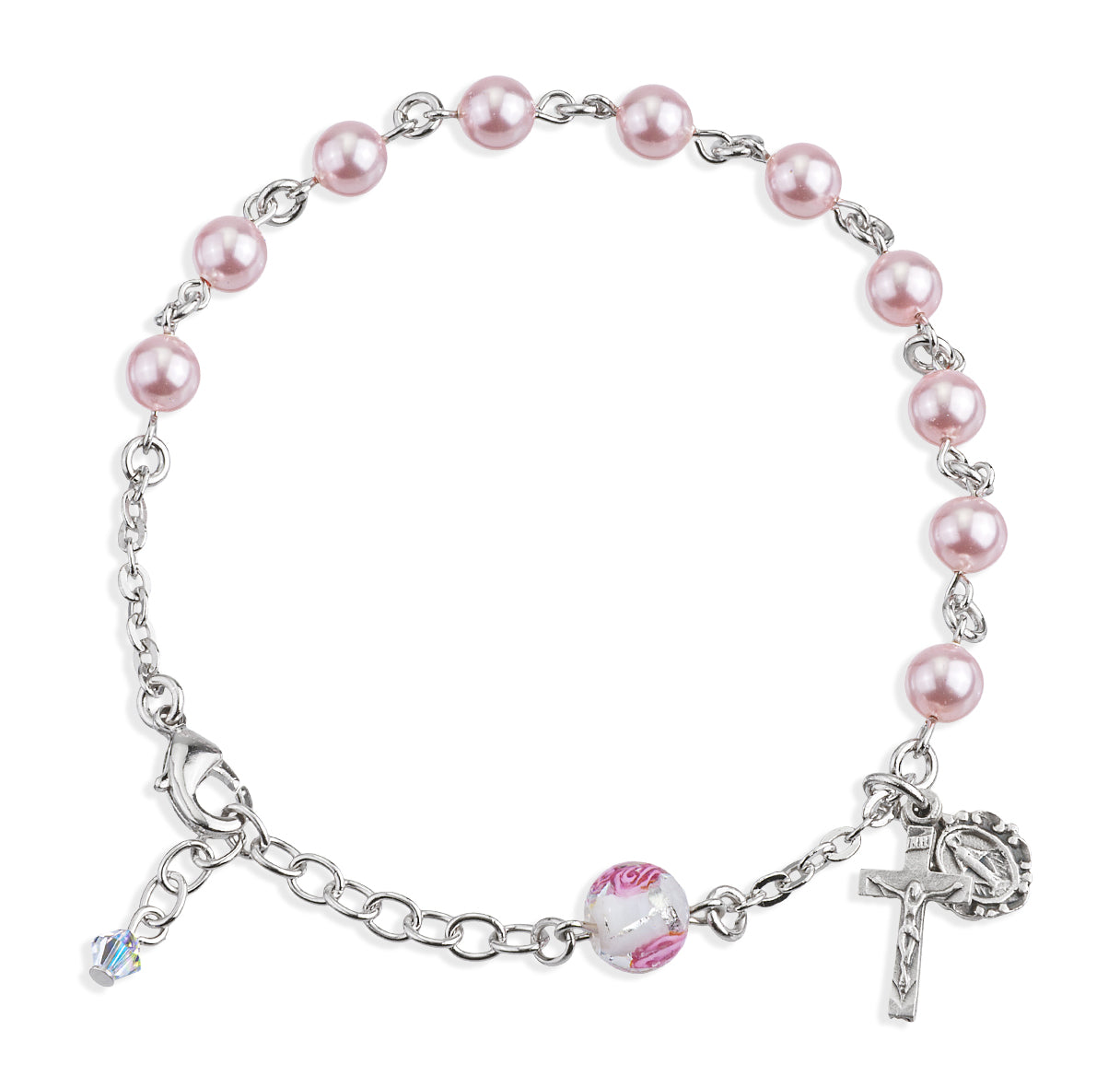 6mm Finest Pink Crystal Imitation Pearl Beads Bracelet with 8mm Rose Embedded Murano Glass Bead