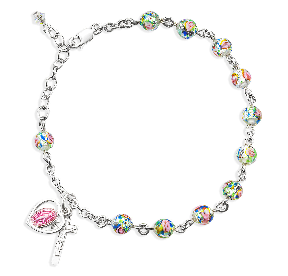 6mm Murano Venetian Glass Crystal Flower Rhodium Rosary Bracelet w/Oxidized Medals-Bxd