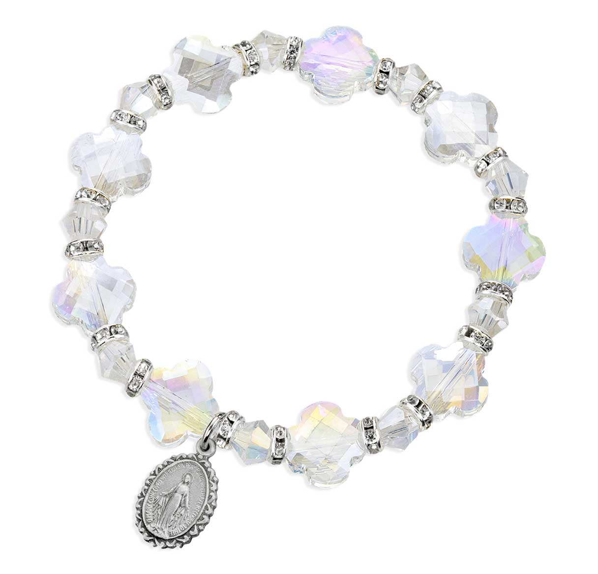 12mm Cross Shape Crystal Bracelet W/ Rhinestone Accents & Pewter Miraculous Medal