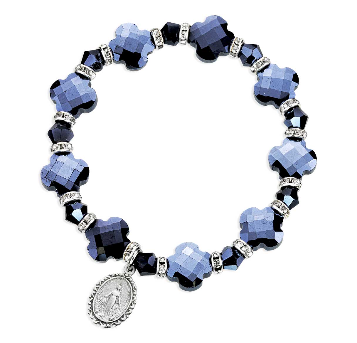 12mm Cross Shape Midnight Blue Bracelet W/ Rhinestone Accents & Pewter Miraculous Medal-(P3140)-2-1/2" Dia-Bxd