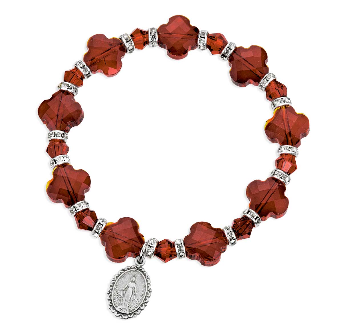 12mm Cross Shape Ruby Bracelet W/ Rhinestone Accents & Pewter Miraculous Medal-(P3140)-2-1/2" Dia-Bxd