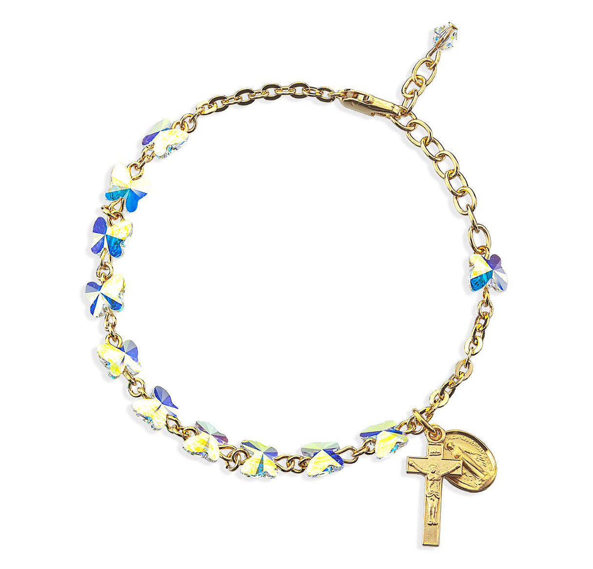 6mm Crystals by Swarovski® Crystal (AB) Butterfly Gold Plated Rosary Bracelet W/ Gold Plated Medals-Bxd
