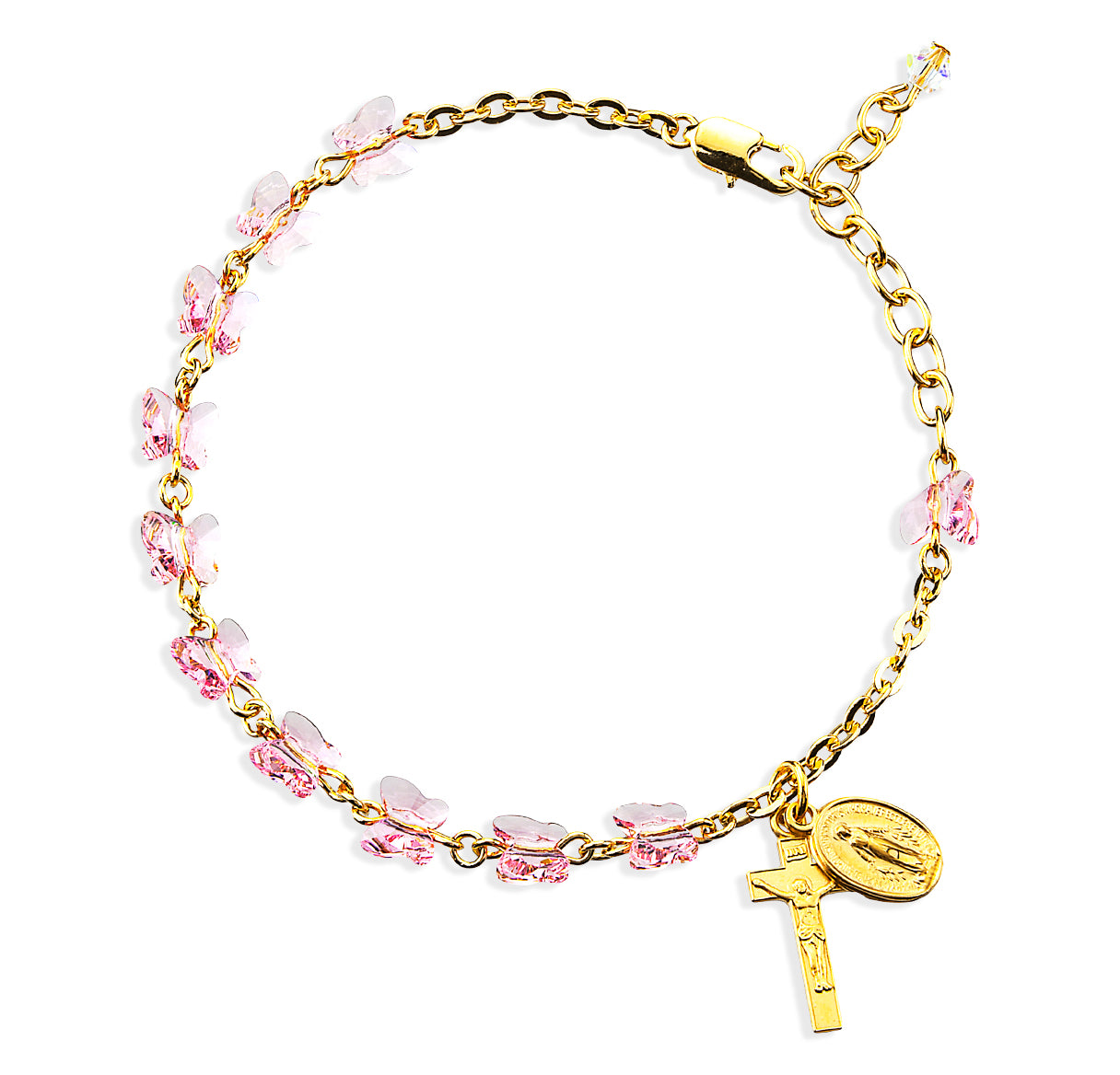 6mm Crystals by Swarovski® Light Rose Butterfly Gold Plated Rosary Bracelet W/ Gold Plated Medals-Bxd