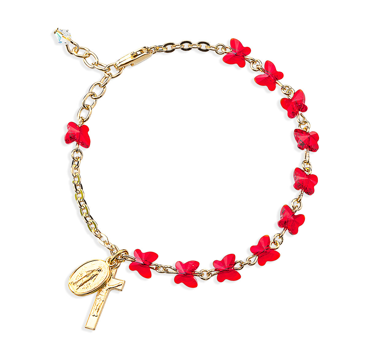 6mm Crystals by Swarovski® Ruby Butterfly Gold Plated Rosary Bracelet W/ Gold Plated Medals-Bxd
