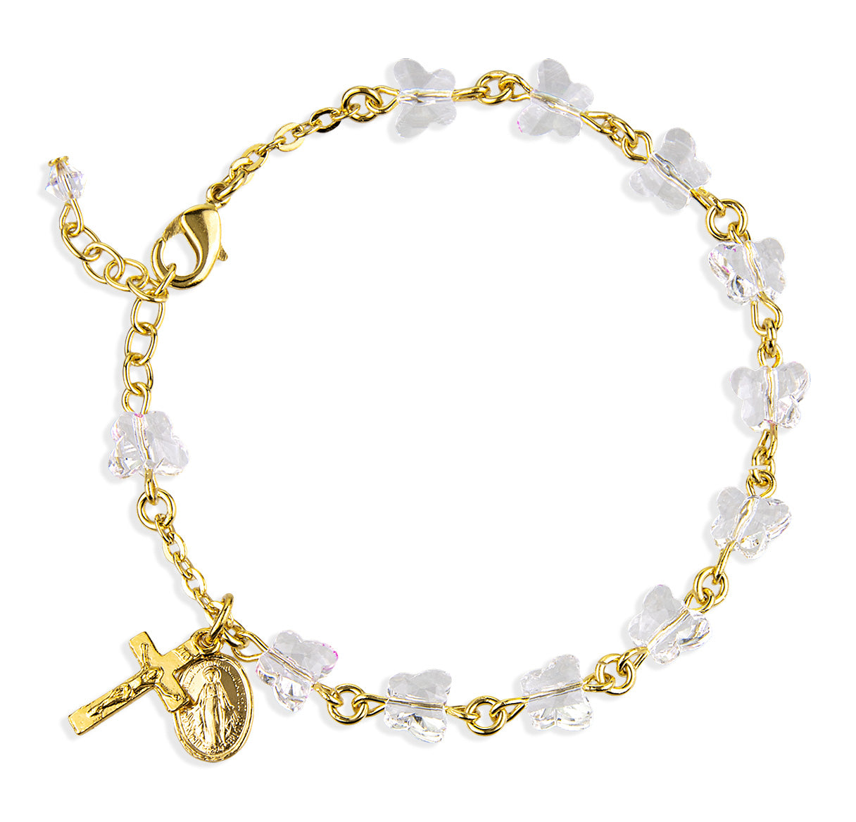 Crystal Butterfly Rosary Gold Plated Bracelet 6mm W/ Gold Plated Miraculous & Crucifix- 7.5"-Bxd