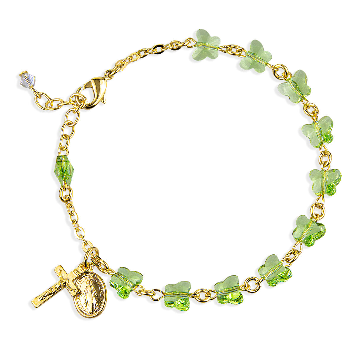 Peridot Butterfly Rosary Gold Plated Bracelet 6mm W/ Gold Plated Miraculous & Crucifix- 7.5"-Bxd