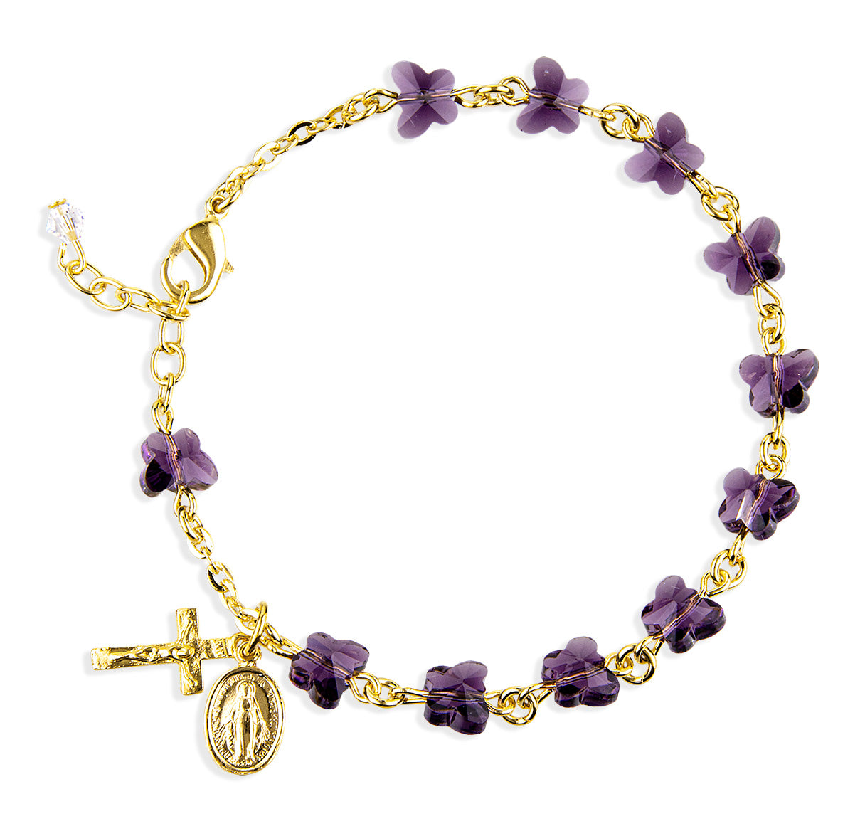 Violet Butterfly Rosary Gold Plated Bracelet 6mm W/ Gold Plated Miraculous & Crucifix- 7.5"-Bxd