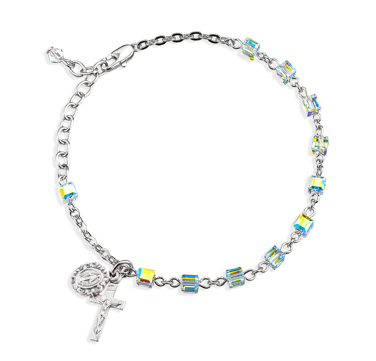 4mm Crystals by Swarovski® Cube Crystal AB Rosary Bracelet w/Silver Ox Medals-Bxd