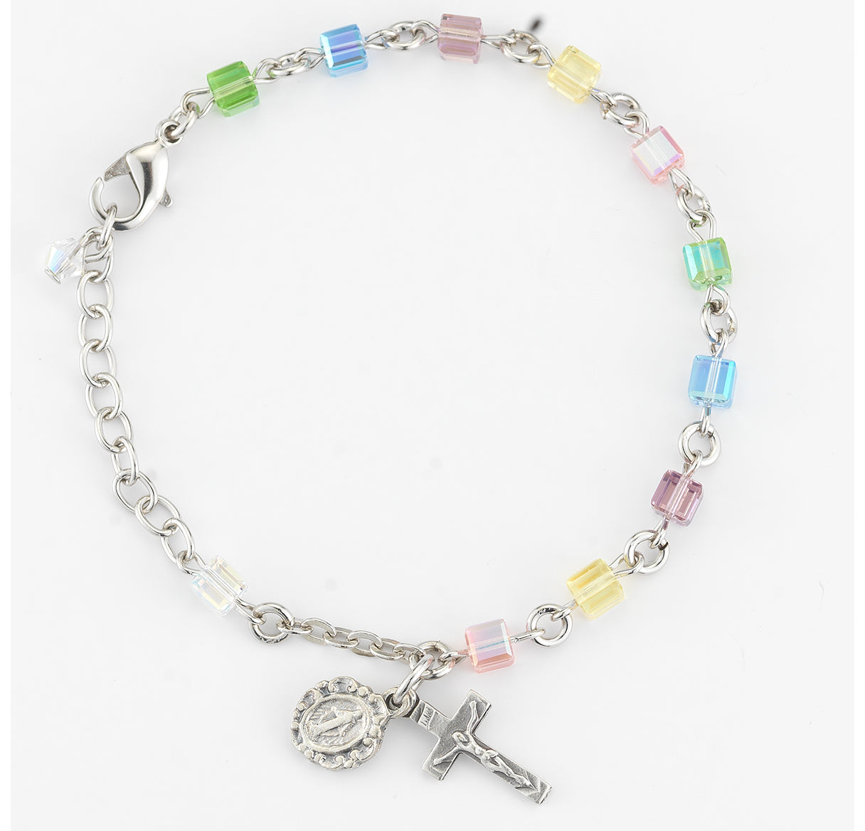 4mm Multi Color Faceted Cube Shape Glass Beaded Rosary Bracelet W/ Silver Oxed Medal & Cfx-Bxd